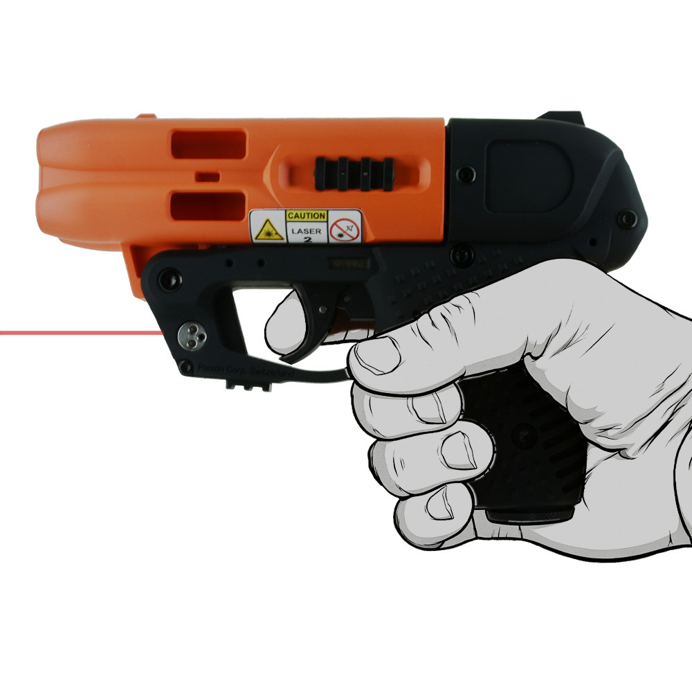 JPX4 Compact Laser impugnato da mano illustrata, vista laterale sinistra con raggio laser rosso attivo e corpo bicolore arancione e nero