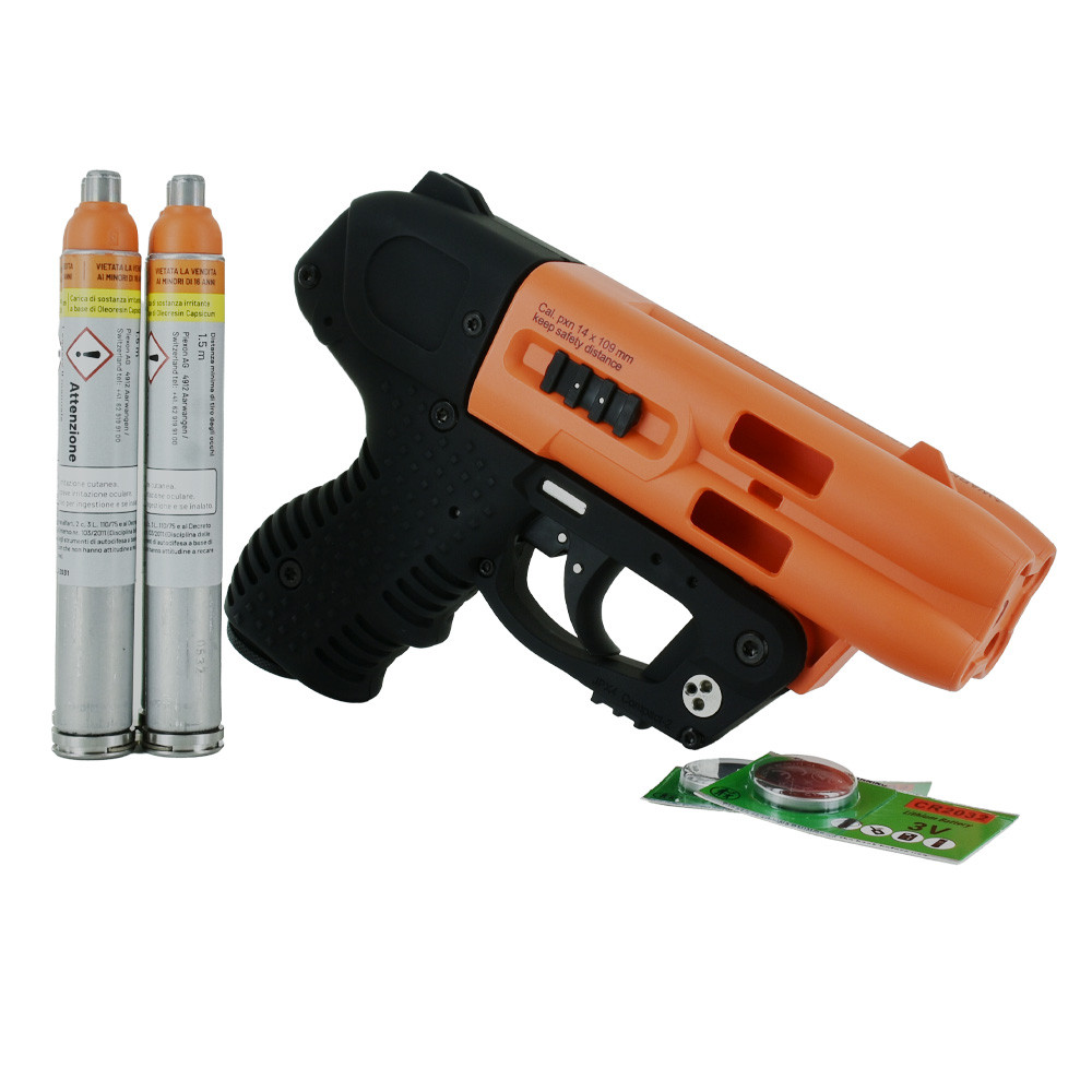 Vista laterale destra pistola JPX4 Compact Laser arancione e nera con due cartucce OC al peperoncino e batteria CR2032 incluse