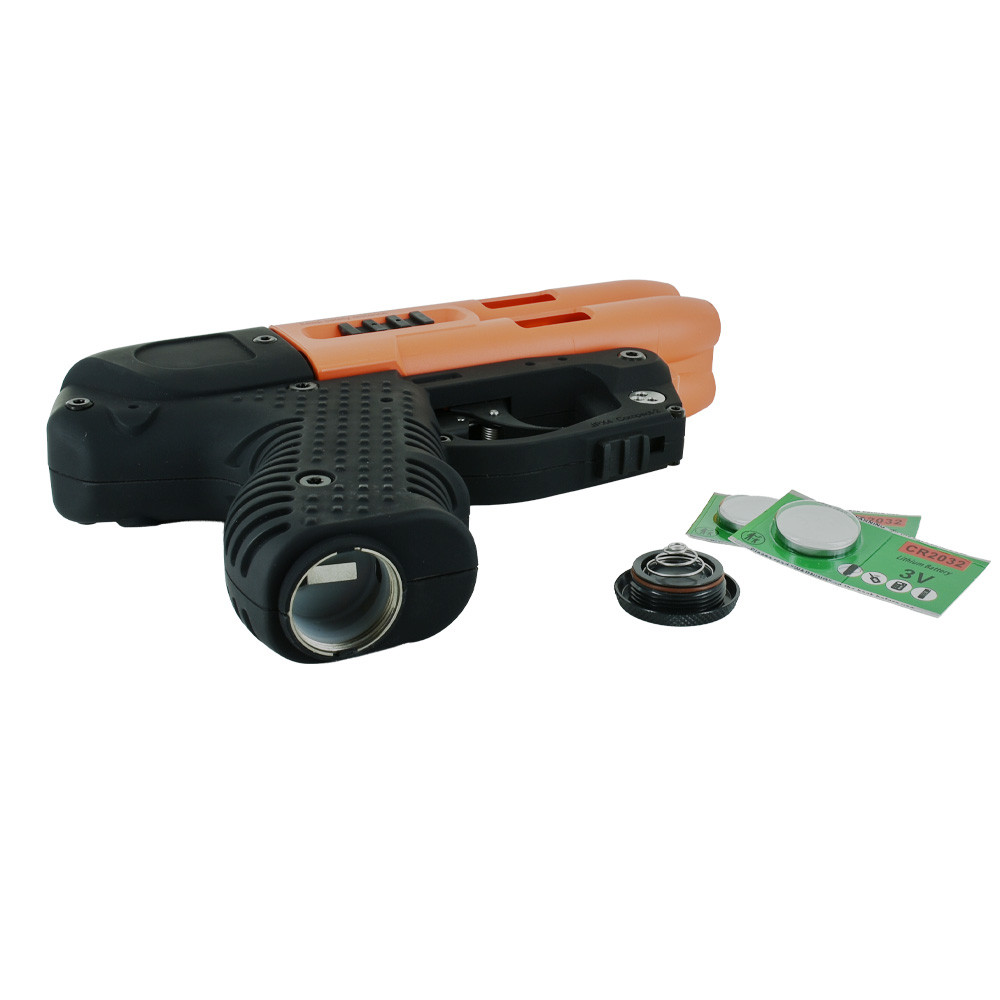 Vista laterale JPX4 Compact Laser arancio/nero con torcia anteriore smontata, cappuccio e due batterie CR2032 incluse