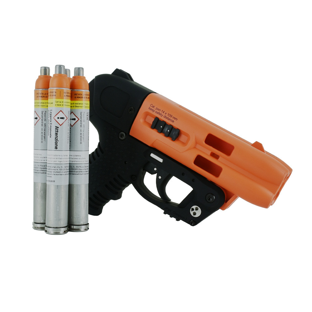 Vista laterale destra pistola JPX4 Compact arancione e nero con 3 cartucce OC al peperoncino calibro 14x109mm incluse