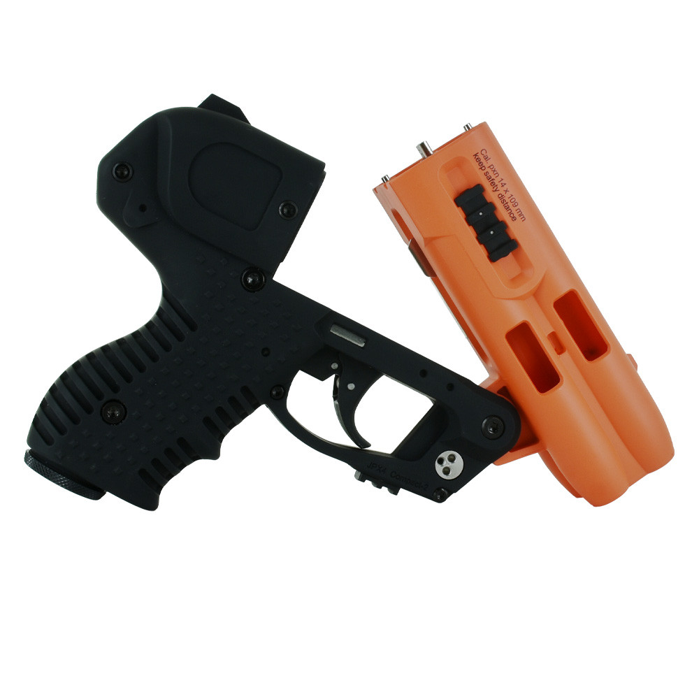 Vista 3/4 pistola JPX4 Compact: frame nero con grilletto e impugnatura gommata affiancato al blocco cartuccia arancione calibro 14x109mm