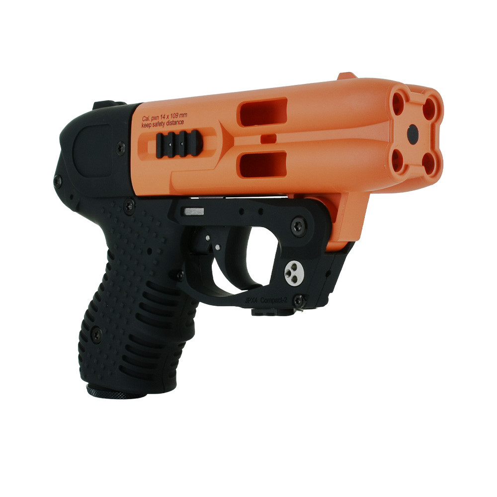 Vista laterale destra JPX4 Compact Laser bicolore arancione e nero con grilletto, impugnatura gommata antiscivolo e quattro ugelli frontali