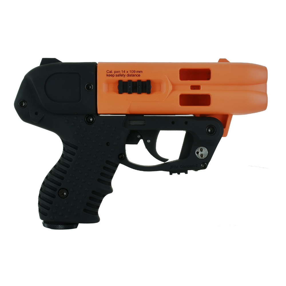 Vista laterale sinistra JPX4 Compact Laser bicolore arancione e nero con grilletto, impugnatura gommata antiscivolo e calibro 14x109mm