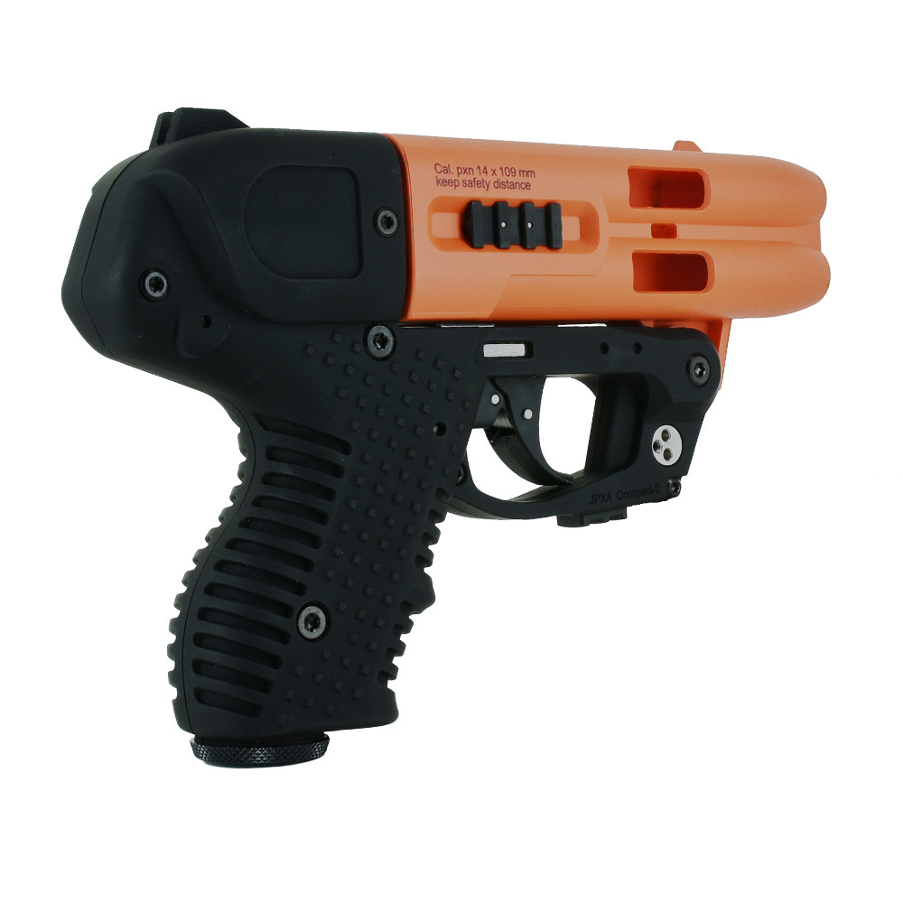 Vista laterale destra JPX4 Compact pistola al peperoncino bicolore arancio e nero con impugnatura gommata antiscivolo e grilletto