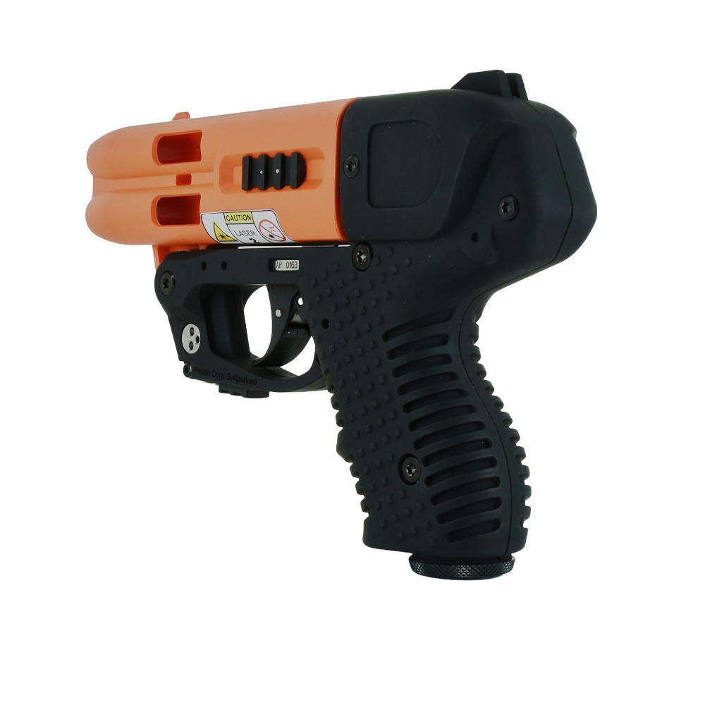 Vista laterale destra JPX4 Compact Laser corpo arancione opaco impugnatura nera gommata grilletto e laser integrato