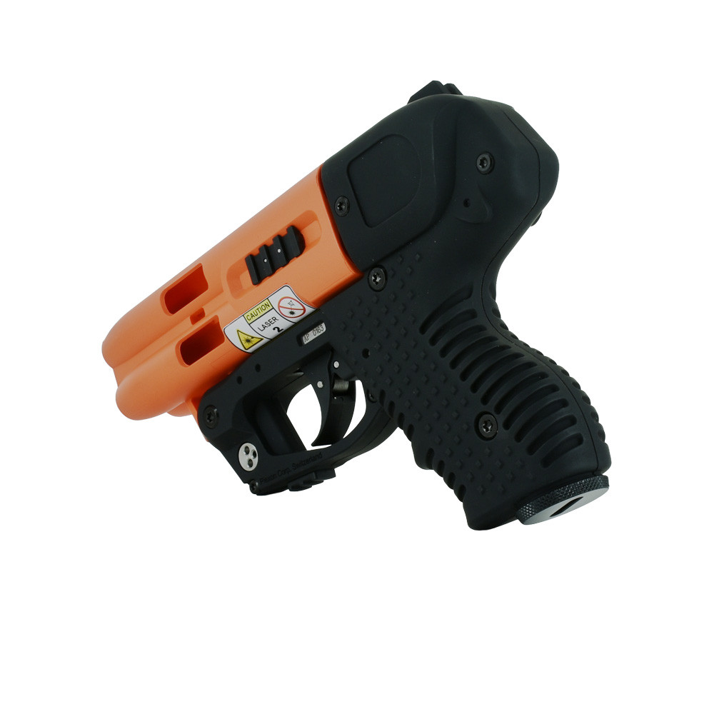 Vista laterale JPX4 Compact Laser arancione e nero con grilletto, laser classe II e impugnatura gommata antiscivolo