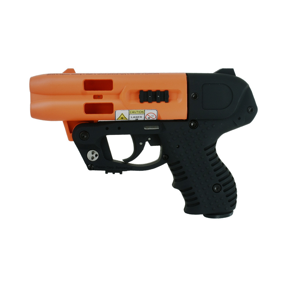 Vista laterale sinistra JPX4 Compact Laser con corpo arancione e impugnatura nera gommata, grilletto e avviso laser visibili